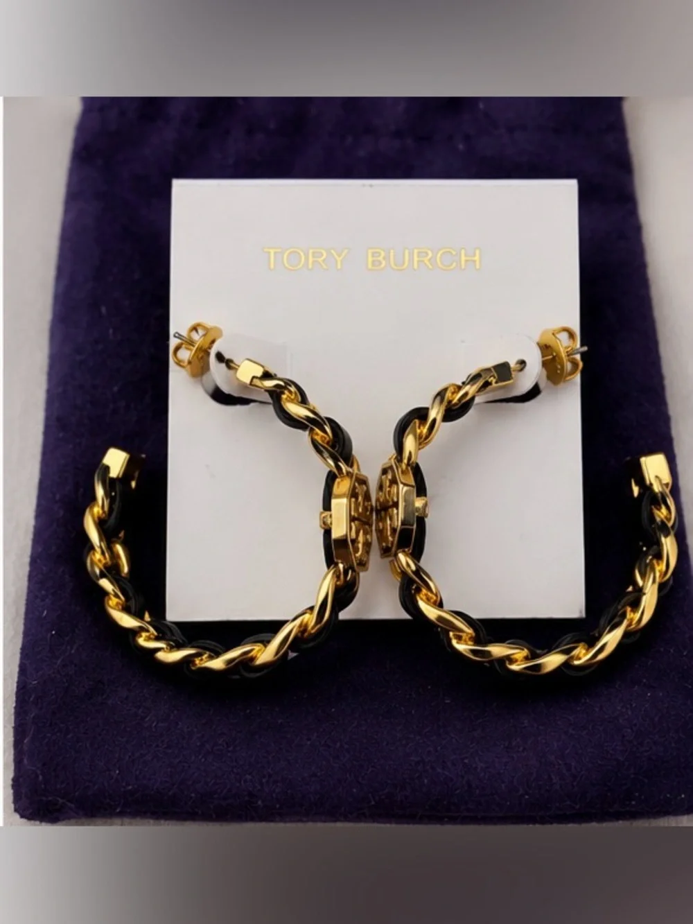 NWOT Tory Burch Gold Black Chain Hoop Earrings